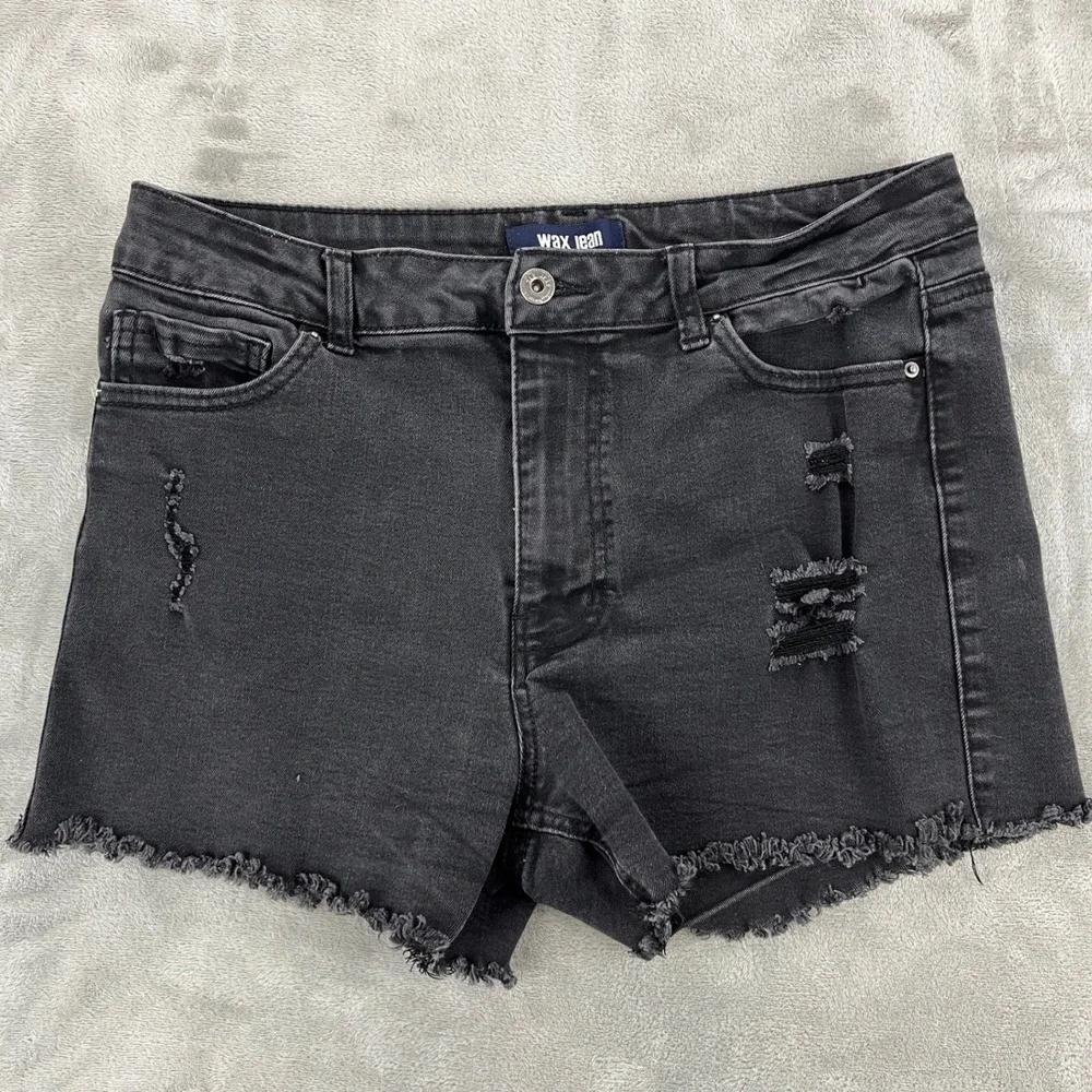 Wax Jean Womens Black Distressed Denim Shorts High Waisted Frayed Hem Size‎ 11